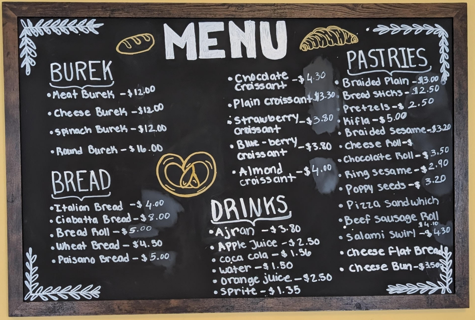 European Bakery menu board
